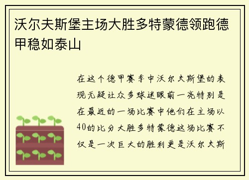 沃尔夫斯堡主场大胜多特蒙德领跑德甲稳如泰山
